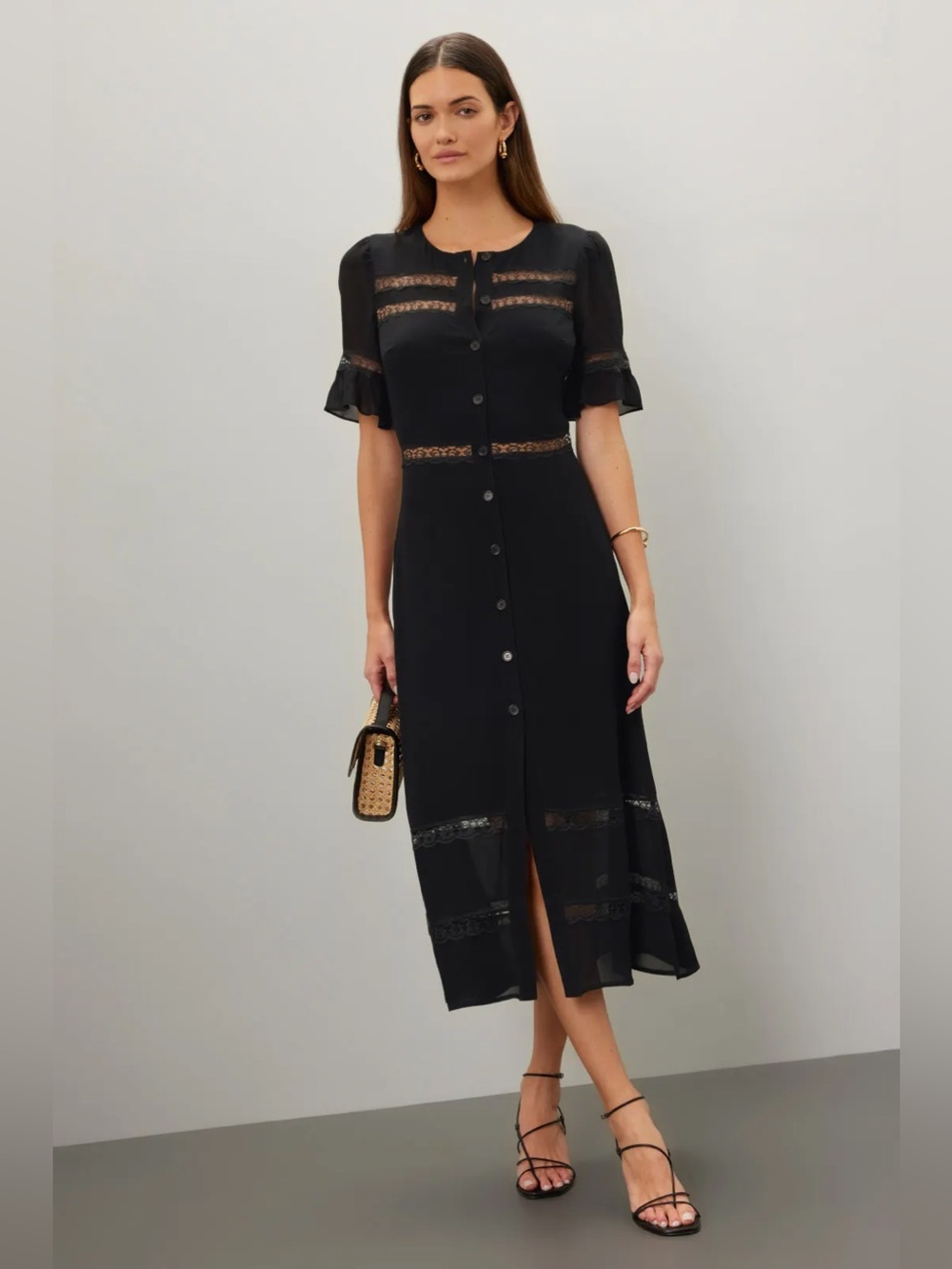 Reformation Black Lace-Trim Button Front Dress - Picture 1 of 9